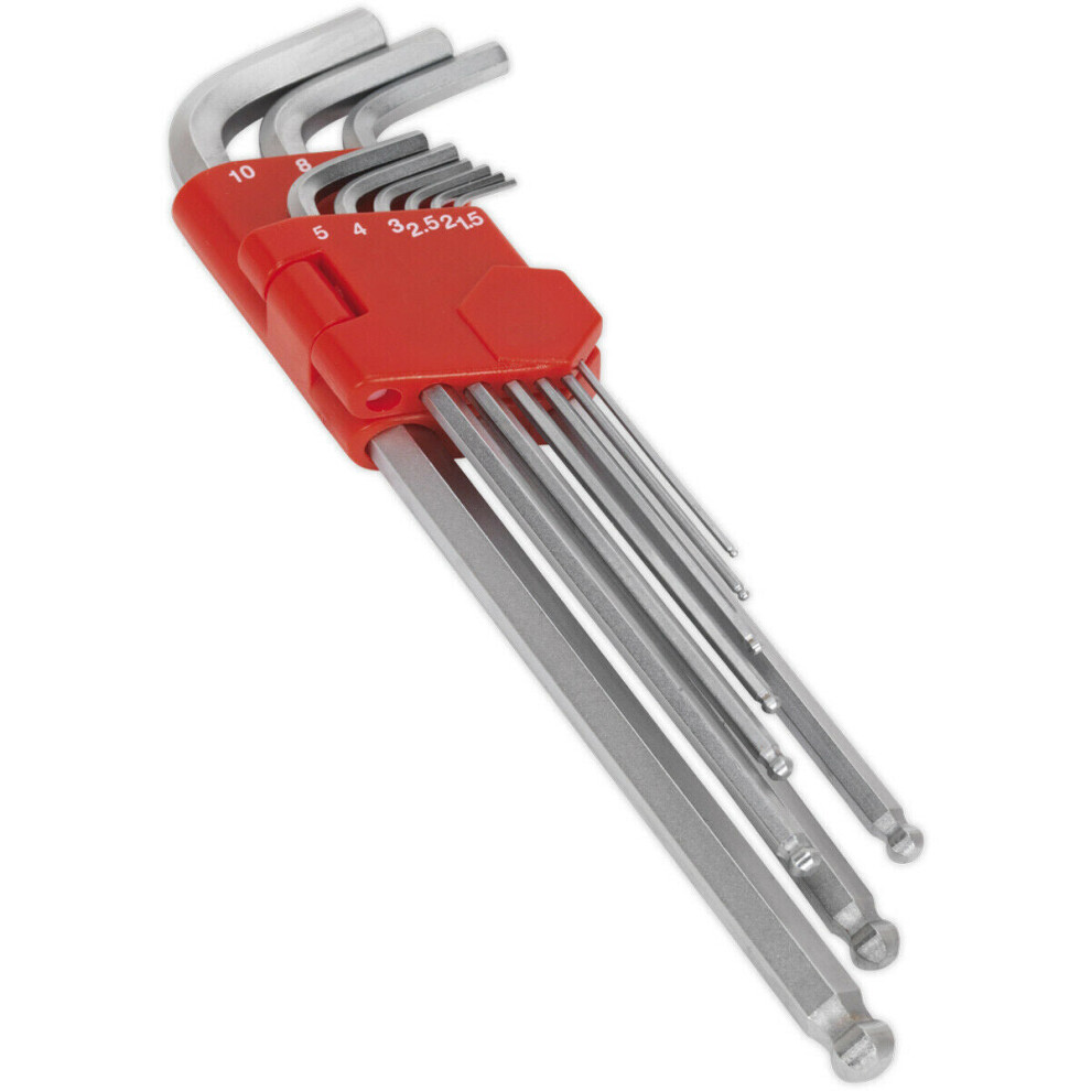 9 Piece Extra-Long Ball-End Hex Key Set -  92 - 230mm Length - 1.5 to 10mm Size