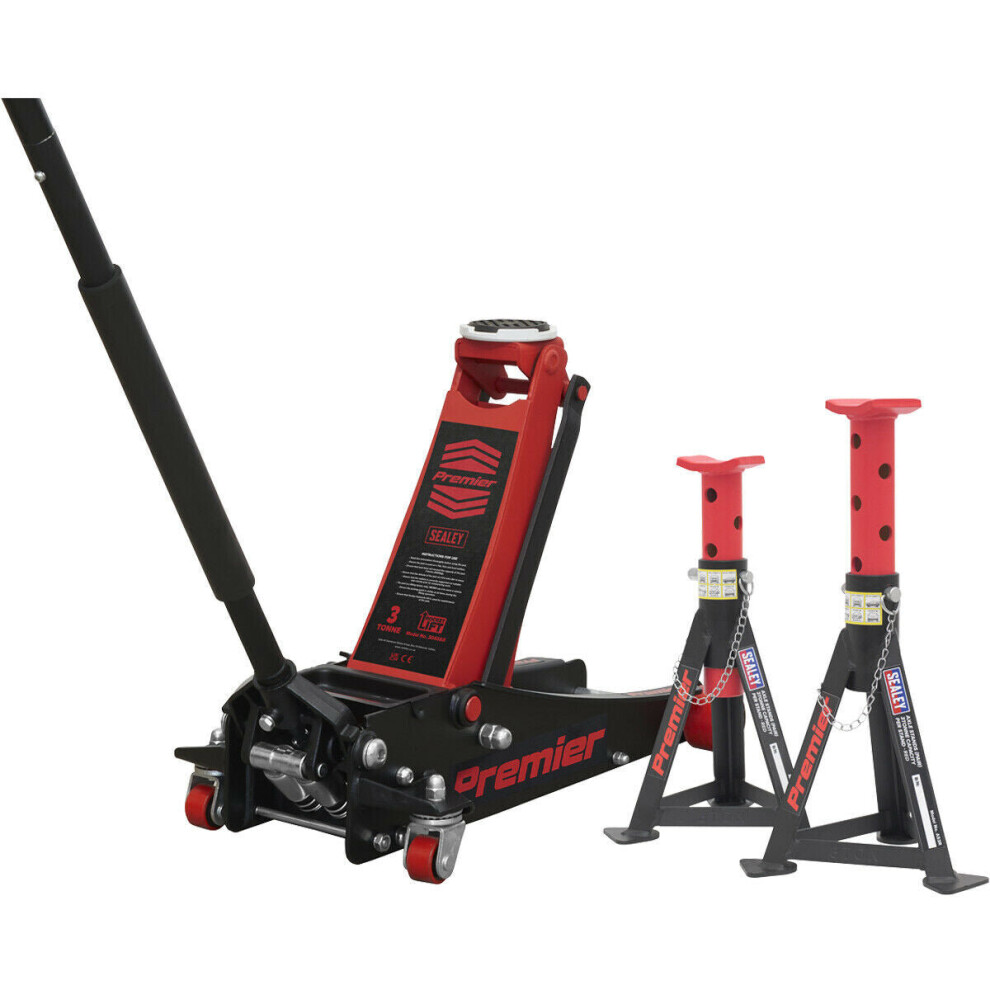 Twin Piston Hydraulic Trolley Jack & 2 x Axle Stands Kit - 3000kg Limit - Red