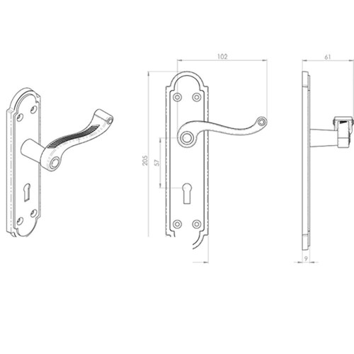 Loops PAIR Reeded Scroll Handle on Shaped Lock Backplate 205 x 49mm Polished Brass 2