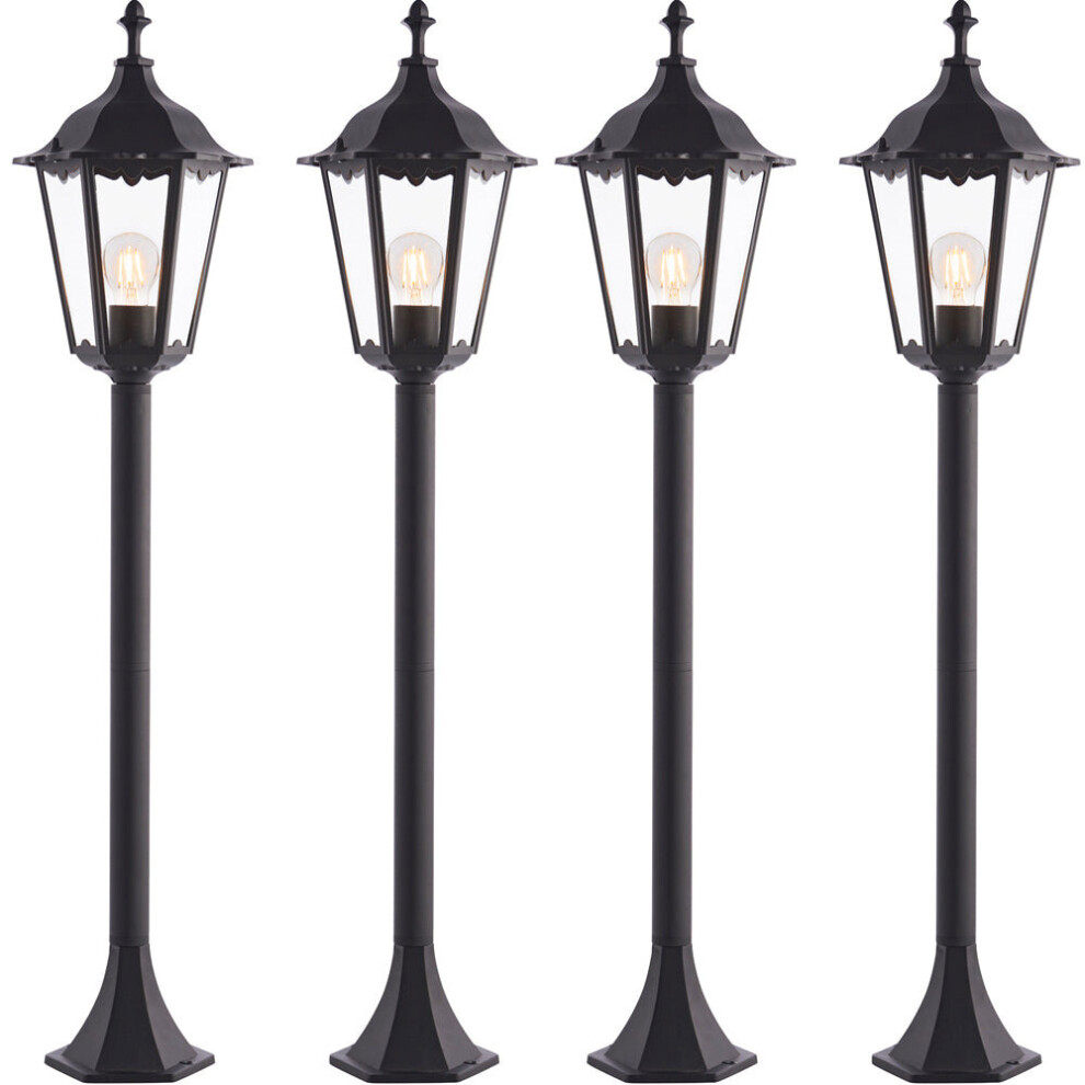 4 PACK Outdoor Lamp Post Lantern Bollard Light Matt Black & Glass 1m Tall LED