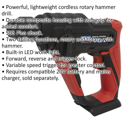 Loops 20V Rotary Hammer Drill - SDS Plus Chuck - BODY ONLY - Variable Speed Trigger 1