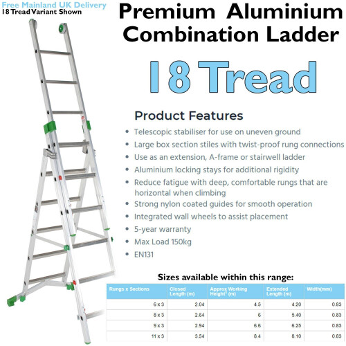 Loops PREMIUM 18 Tread Combination Ladder 3 Section Extension Step Frame & Stairwell 1