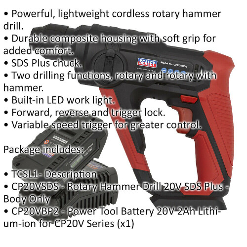 Loops 20V Rotary Hammer Drill - SDS Plus Chuck - Includes 2Ah Battery & Charger - Bag 1