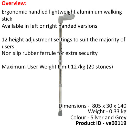 Loops Left Handed Ergonomic Handled Walking Stick - 12 Height Settings - Large 1