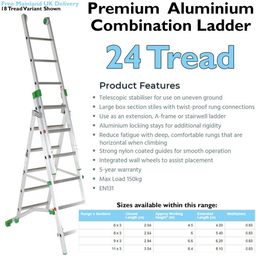 Loops PREMIUM 24 Tread Combination Ladder 3 Section Extension Step Frame & Stairwell 1