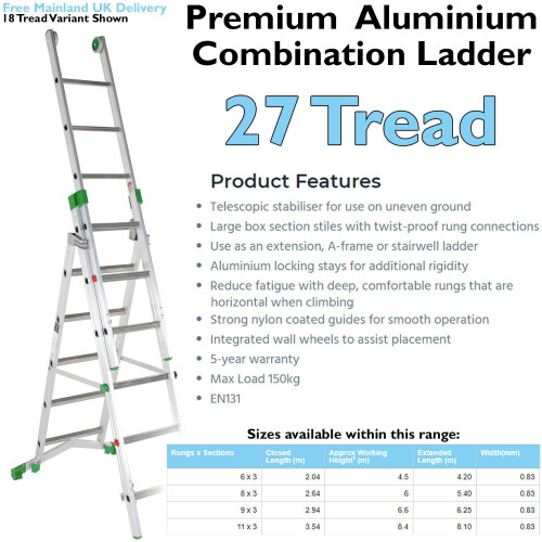 Loops PREMIUM 27 Tread Combination Ladder 3 Section Extension Step Frame & Stairwell 1