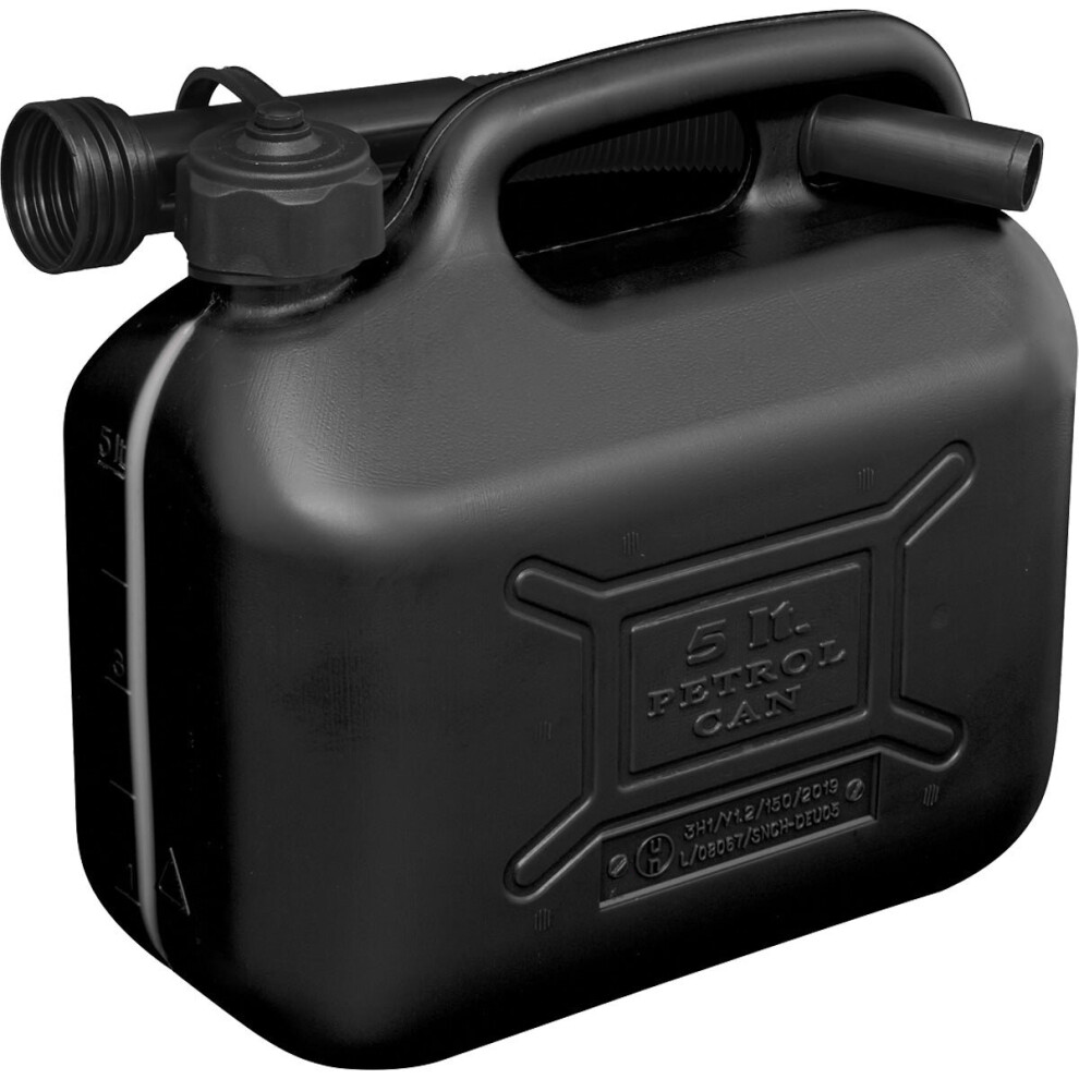 5 Litre Plastic Fuel Can -  Safety Screw Lock Cap - Flexible Spout - Black