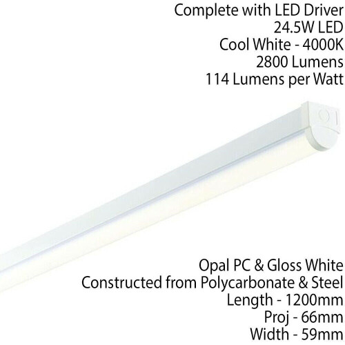 Loops 4ft SINGLE 24W Cool White LED Linear Ceiling Strip Light Slim Batten Lamp 2800Lm 1