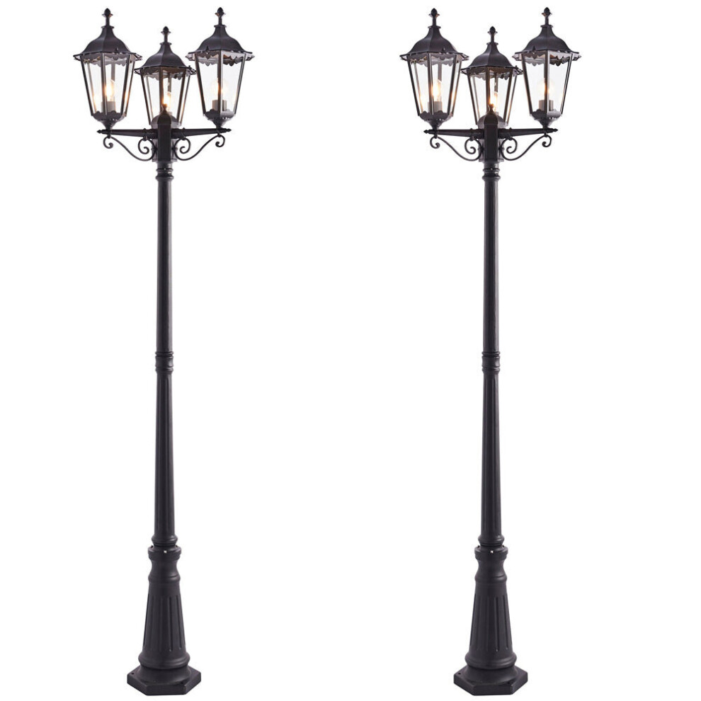 2 PACK Outdoor Lantern Lamp Post Matt Black & Glass 2.3m Tall 3 Light Bollard