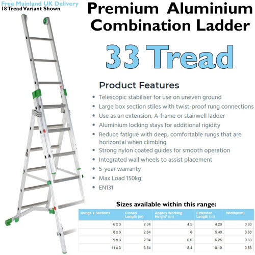 Loops PREMIUM 33 Tread Combination Ladder 3 Section Extension Step Frame & Stairwell 1