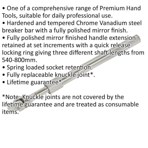 Loops Extendable Breaker Pull Bar - 3/4" Sq Drive Knuckle - 540 to 800mm Length 1