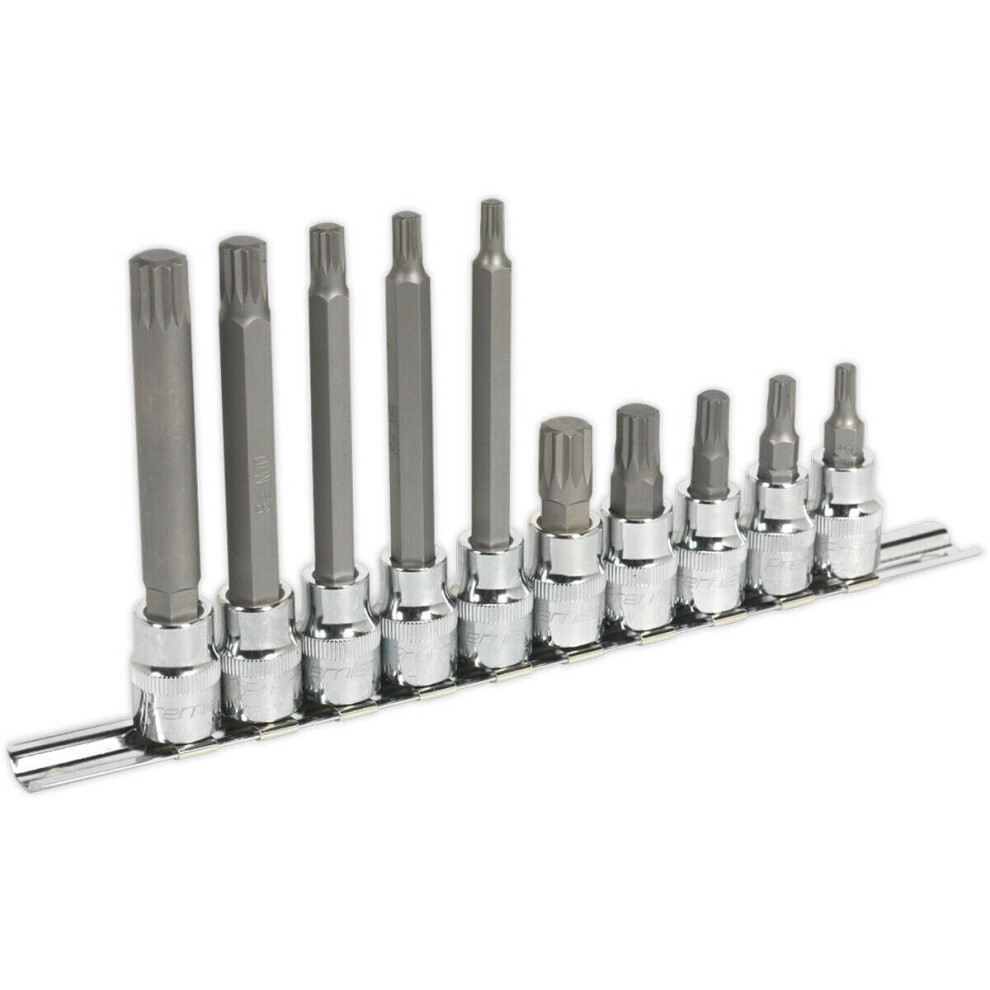 10pc Spline Socket Bit Set - 3/8" Square Drive - M5 to M12 Long & Short Shafts