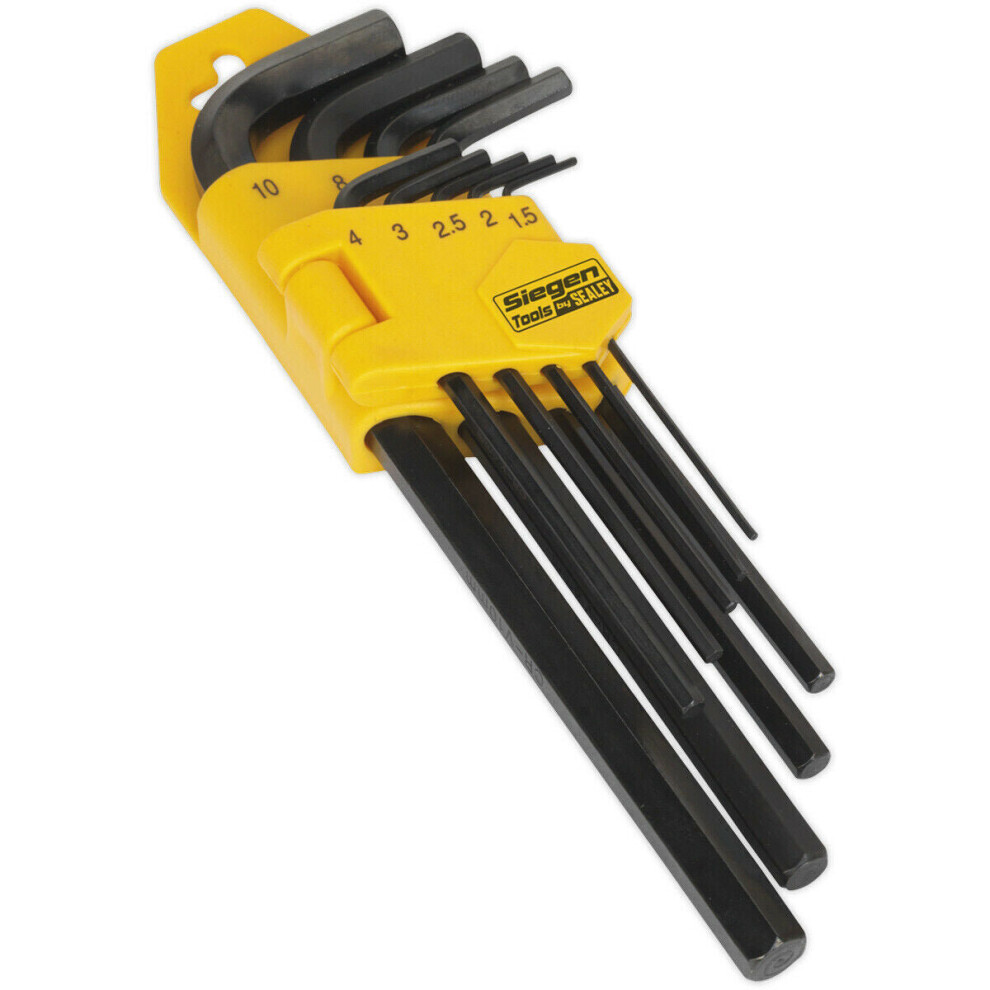 9 Piece Long Hex Key Set - 75-180mm Length - 1.5mm to 10mm Size - Hardened Steel