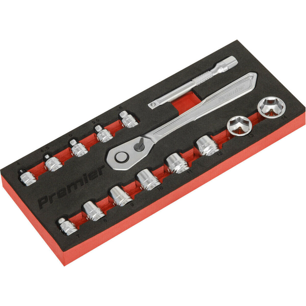 15 Pack Low Profile Socket Set - 1/4" Metric Sq Drive 6 Point & Ratchet Handle 5056524246917