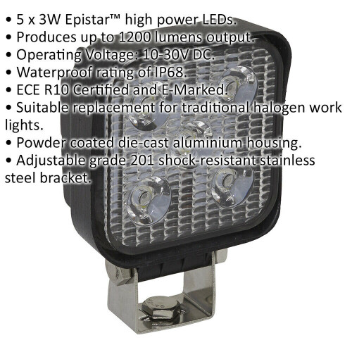 Loops Waterproof Work Light & Mounting Bracket -15W SMD LED - 83mm Square Flash Torch 1