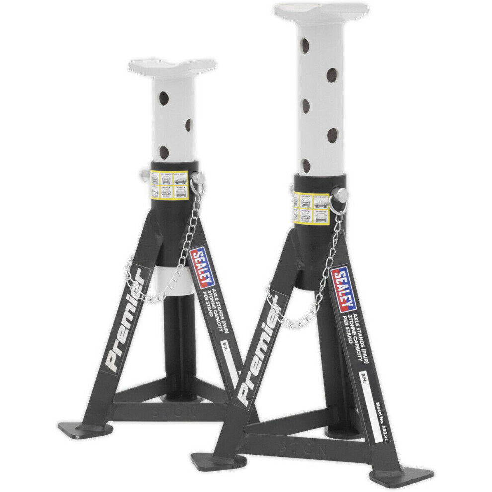 Loops Pair 3 Tonne Heavy Duty Axle Stands - 290Mm To 435Mm Adjustable Height - White