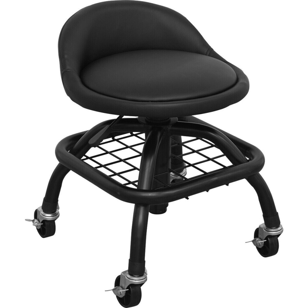 Pneumatic Creeper Stool - Adjustable Height - Swivel Seat With Back Rest Black 5056581912978
