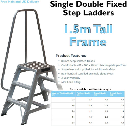 Loops 0.7m Heavy Duty Double Sided Fixed Step Ladders Safety Handrail & Wide Platform 1