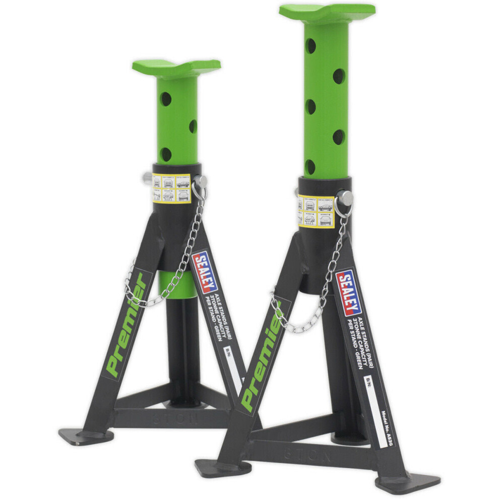 Loops Pair 3 Tonne Heavy Duty Axle Stands - 290Mm To 435Mm Adjustable Height - Green