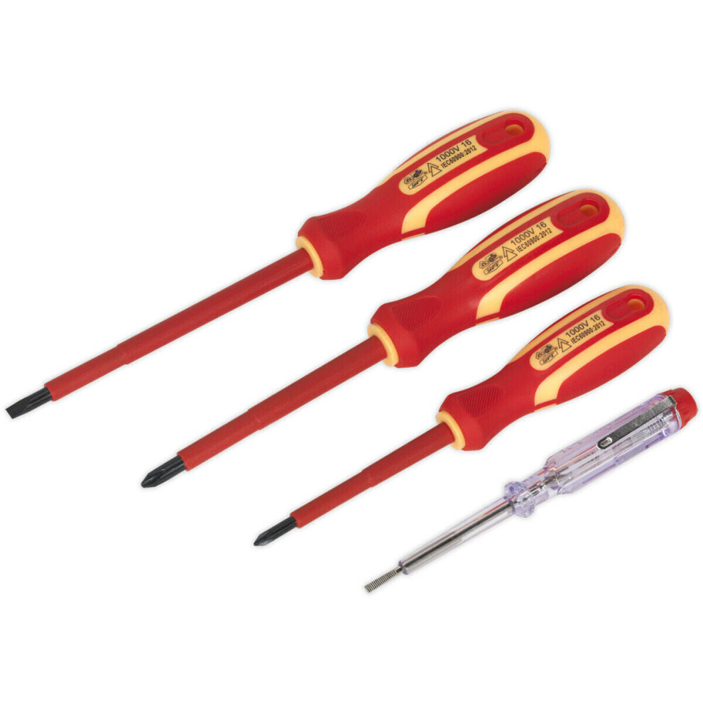 4 PACK VDE Screwdriver & Mains Tester Set - 1000V Shock Proof Insulated Shafts