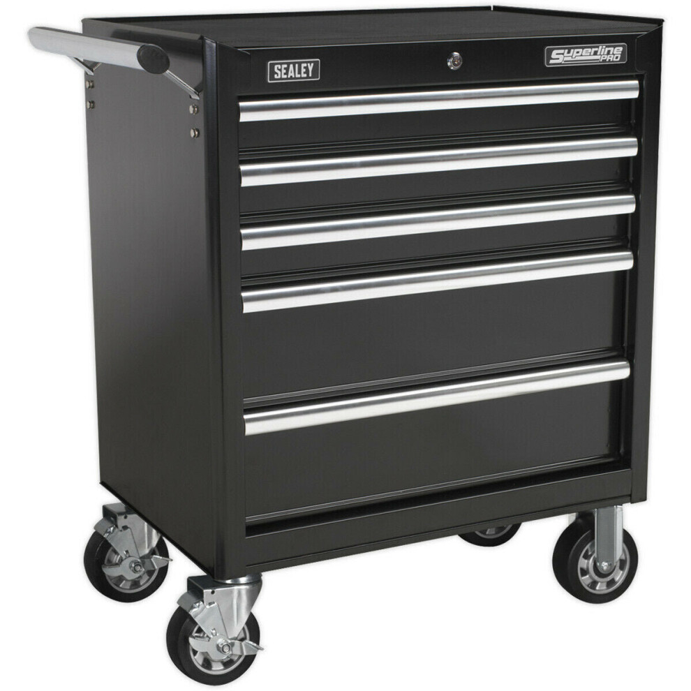 685 x 465 x 850mm 5 Drawer BLACK Portable Tool Chest Locking Mobile Storage Box