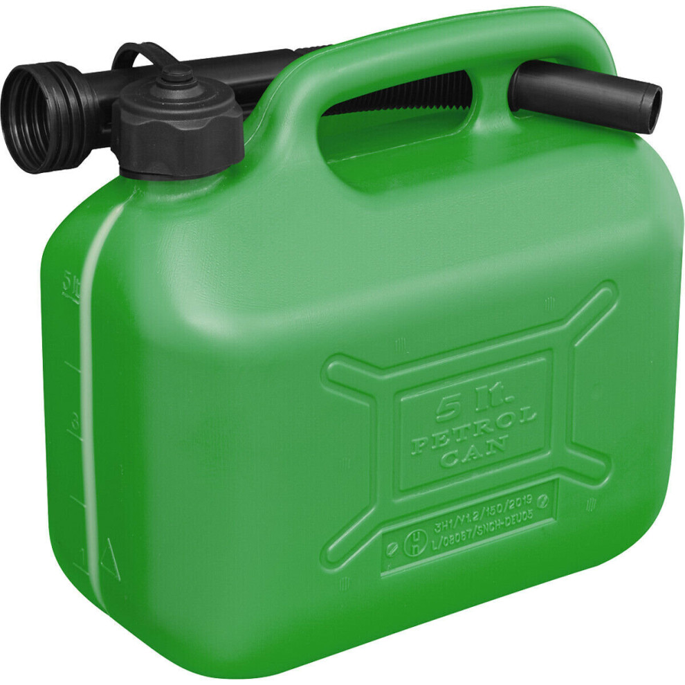 5 Litre Plastic Fuel Can -  Safety Screw Lock Cap - Flexible Spout - Green