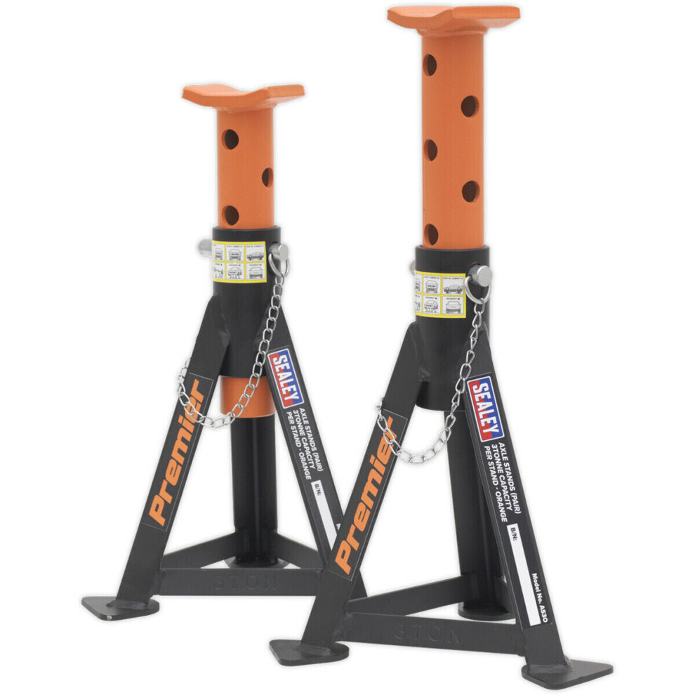 Pair 3 Tonne Heavy Duty Axle Stands - 290Mm To 435Mm Adjustable Height - Orange 5056524261002