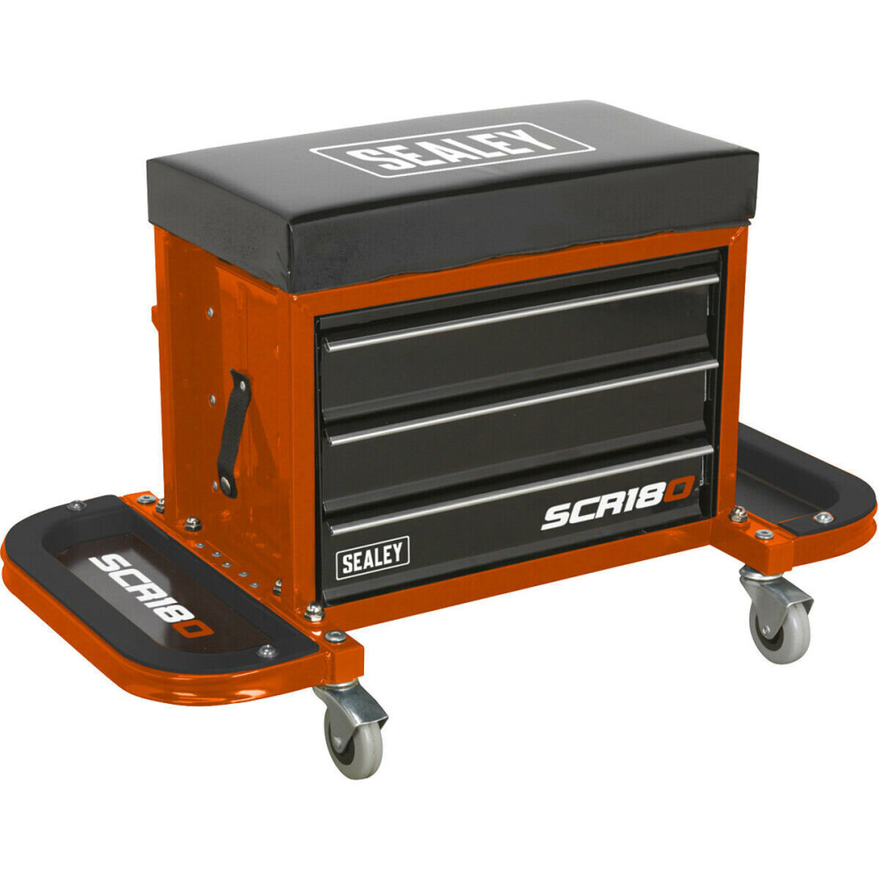 Mechanics Utility Seat & Toolbox - Folding Side Trays - Swivel Castors - Orange