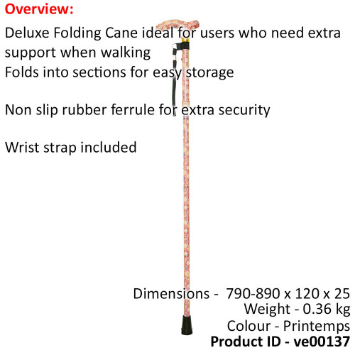 Loops Deluxe Ambidextrous Foldable Walking Cane - 5 Height Settings - Printemps 1