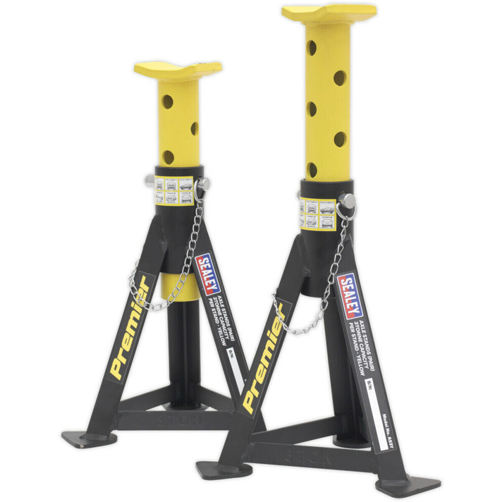 Loops Pair 3 Tonne Heavy Duty Axle Stands - 290Mm To 435Mm Adjustable Height - Yellow