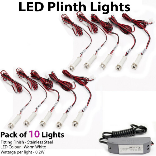 Loops ROUND LED Plinth Light Kit 10x WARM WHITE Spotlight Kitchen Bathroom Floor Panel 2
