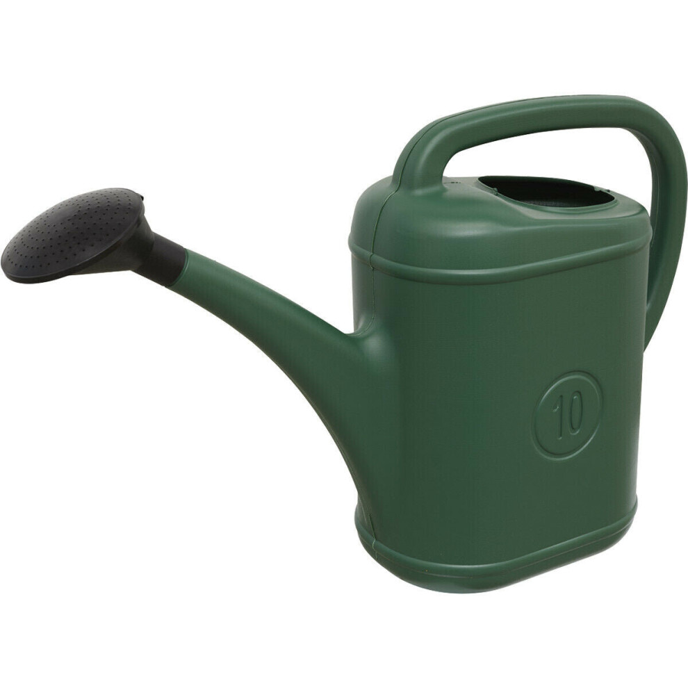 10 Litre Green Plastic Watering Can - Easy Carry Handle - Detachable Rose Spout