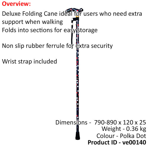 Loops Deluxe Ambidextrous Foldable Walking Cane - 5 Height Settings - Polka Dot 1