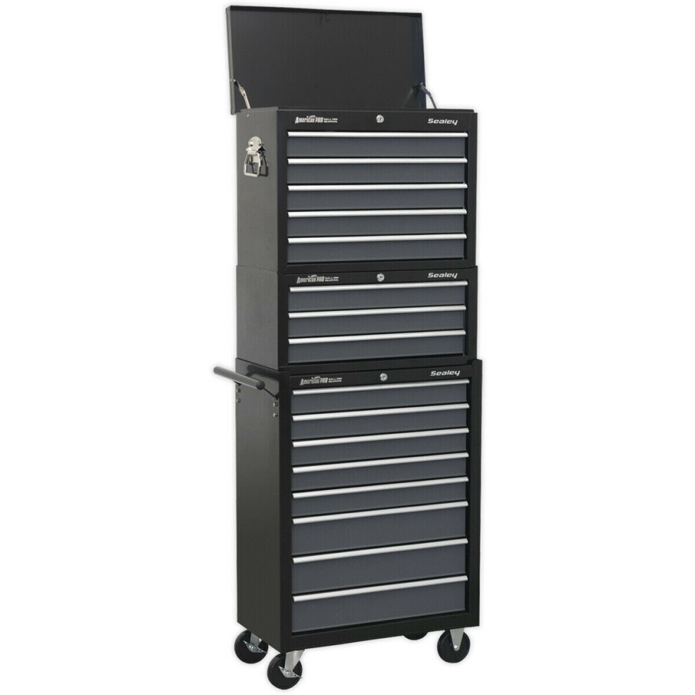 Stacking 16 Drawer Topchest Mid Box & Rollcab Bundle - BB Slides - Black & Grey