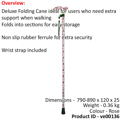 Loops Deluxe Ambidextrous Foldable Walking Cane - 5 Height Settings - Rose Design 1