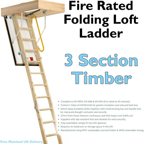 Loops 3 Section FIRE RATED Folding Loft Ladder & Handle Hatch & Frame 2.75m Height 1
