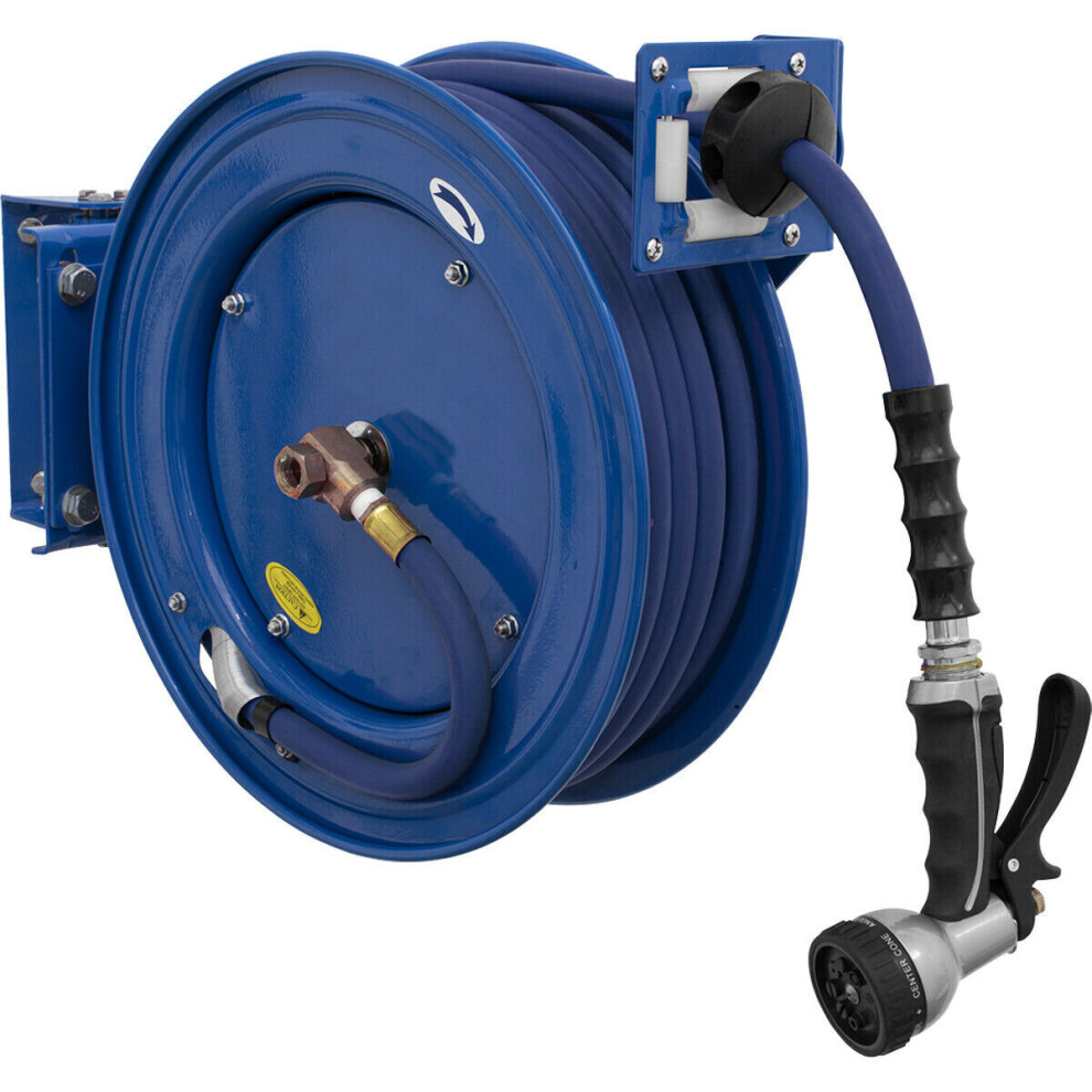 Heavy Duty Retractable Water Hose Reel - 15m x 13mm Rubber Hose - Steel Case