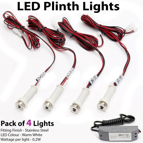 Loops ROUND LED Plinth Light Kit 4x WARM WHITE Spotlights Kitchen Bathroom Floor Panel 2