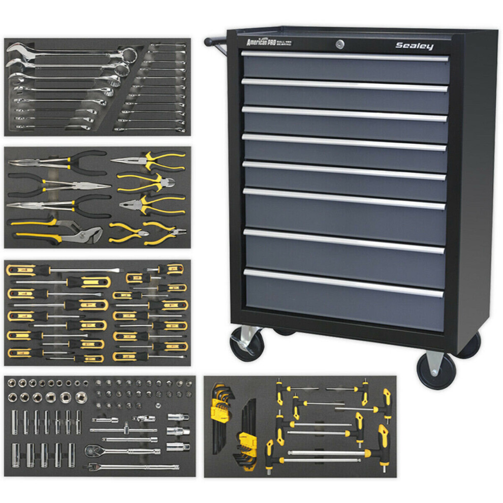 8 Drawer Rollcab with 136 Piece Tool Kit - Ball Bearing Slides - Black & Grey