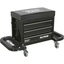 Mechanics Utility Seat & Toolbox - Folding Side Trays - 4 Swivel Castors - Black