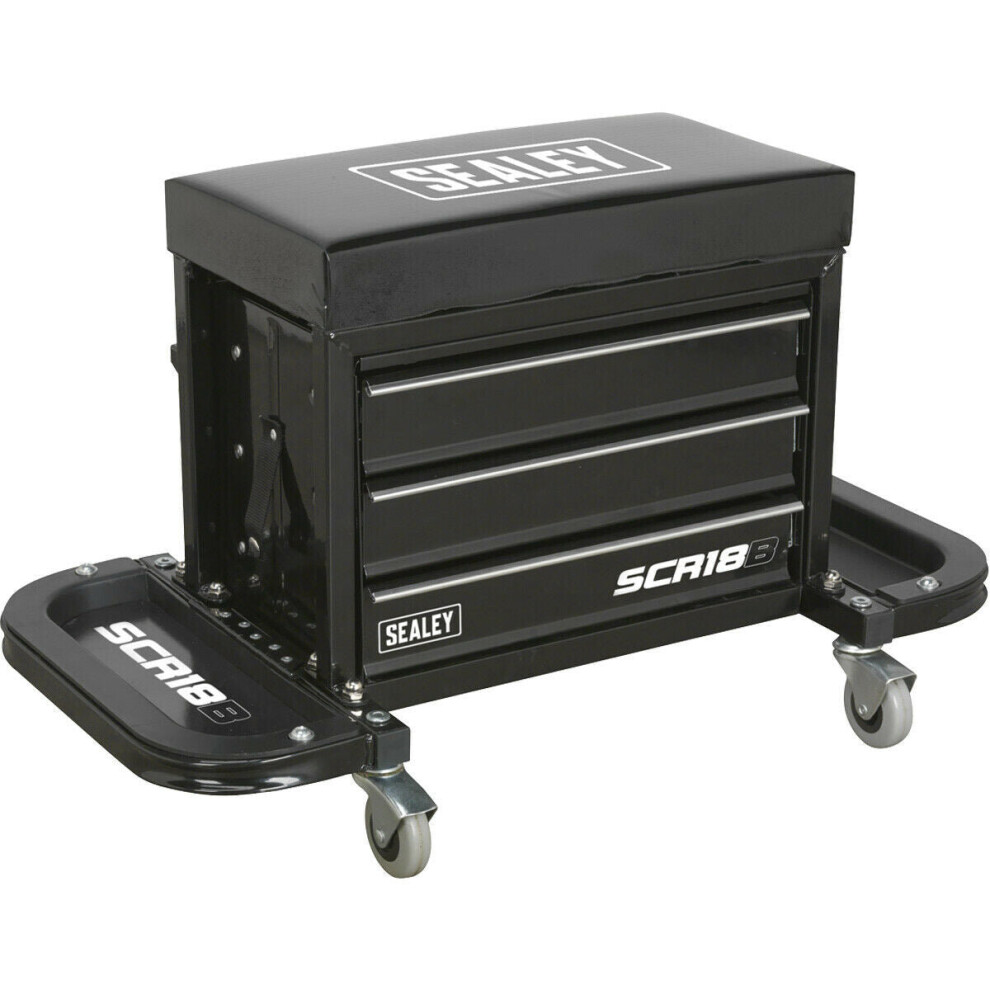 Mechanics Utility Seat & Toolbox - Folding Side Trays - 4 Swivel Castors - Black