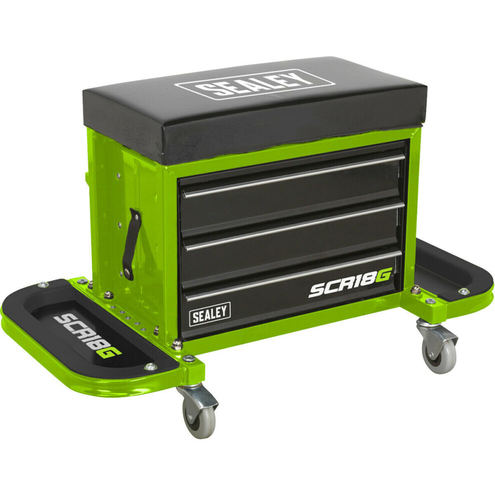 Mechanics Utility Seat & Toolbox - Folding Side Trays - 4 Swivel Castors - Green 5056581913098