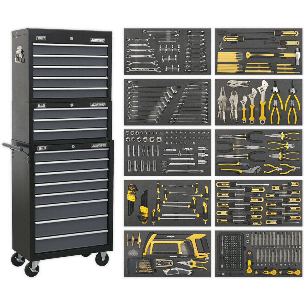 16 Drawer Topchest Mid Box & Rollcab Bundle - 420 Piece Tool Kit - Black & Grey