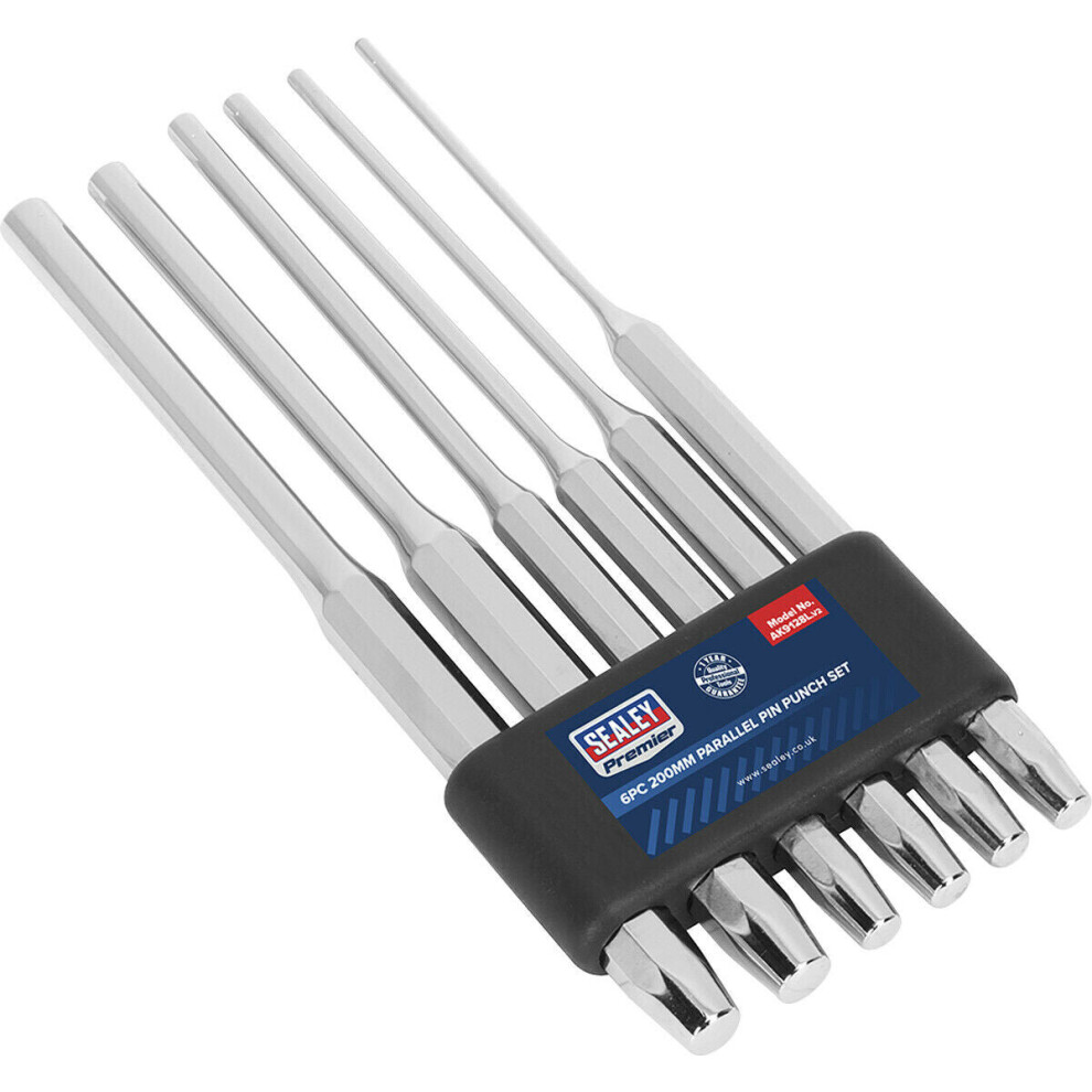 6 Piece Long Parallel Pin Punch Set - Hardened & Tempered - Polished Chrome 5056524254837