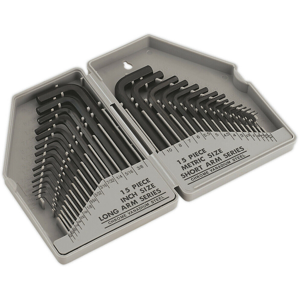 Loops 30 Piece Steel Hex Key Set - Long Imperial & Short Metric Sizes - Folding Case