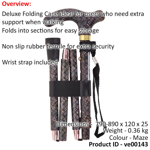 Loops Deluxe Ambidextrous Foldable Walking Cane - 5 Height Settings - Maze Design 1