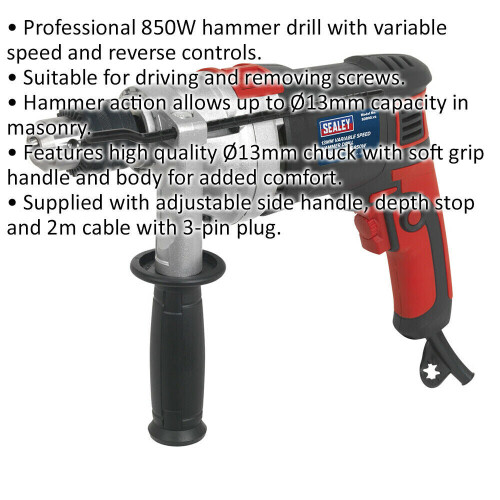 Loops 850W Heavy Duty Hammer Drill - 13mm Chuck - Variable Speed - Reverse Controls 1