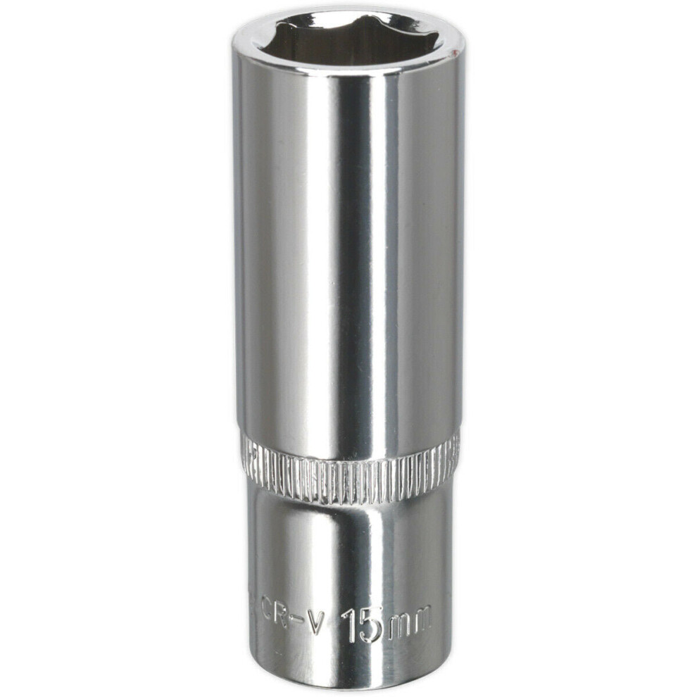 15Mm Forged Steel Deep Drive Socket - 3/8" Square Drive Polished Chrome Vanadium 5056581923226