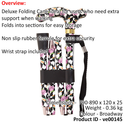 Loops Deluxe Ambidextrous Foldable Walking Cane - 5 Height Settings - Broadway Design 1