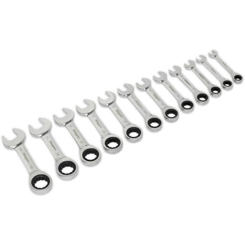 Loops 12pc STUBBY Short Ratchet Combination Spanner Set 12 Point Metric Ring Open Head